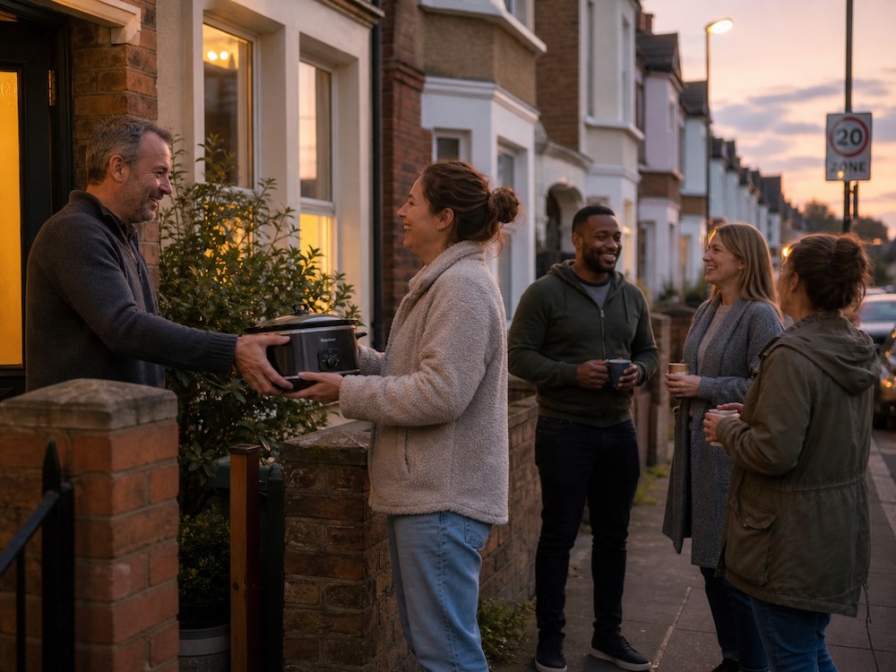 Friends on a residential street at dusk, passing a slow cooker between neighbours.