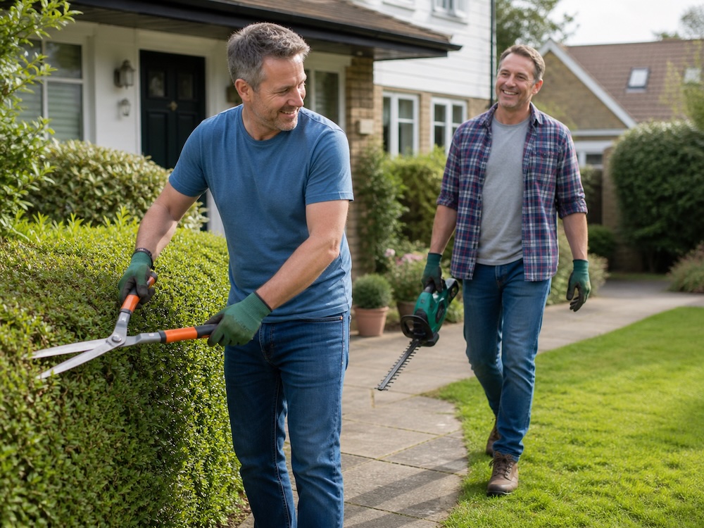 Two neighbours gardening together with hedge trimmers in a sunny backyard.